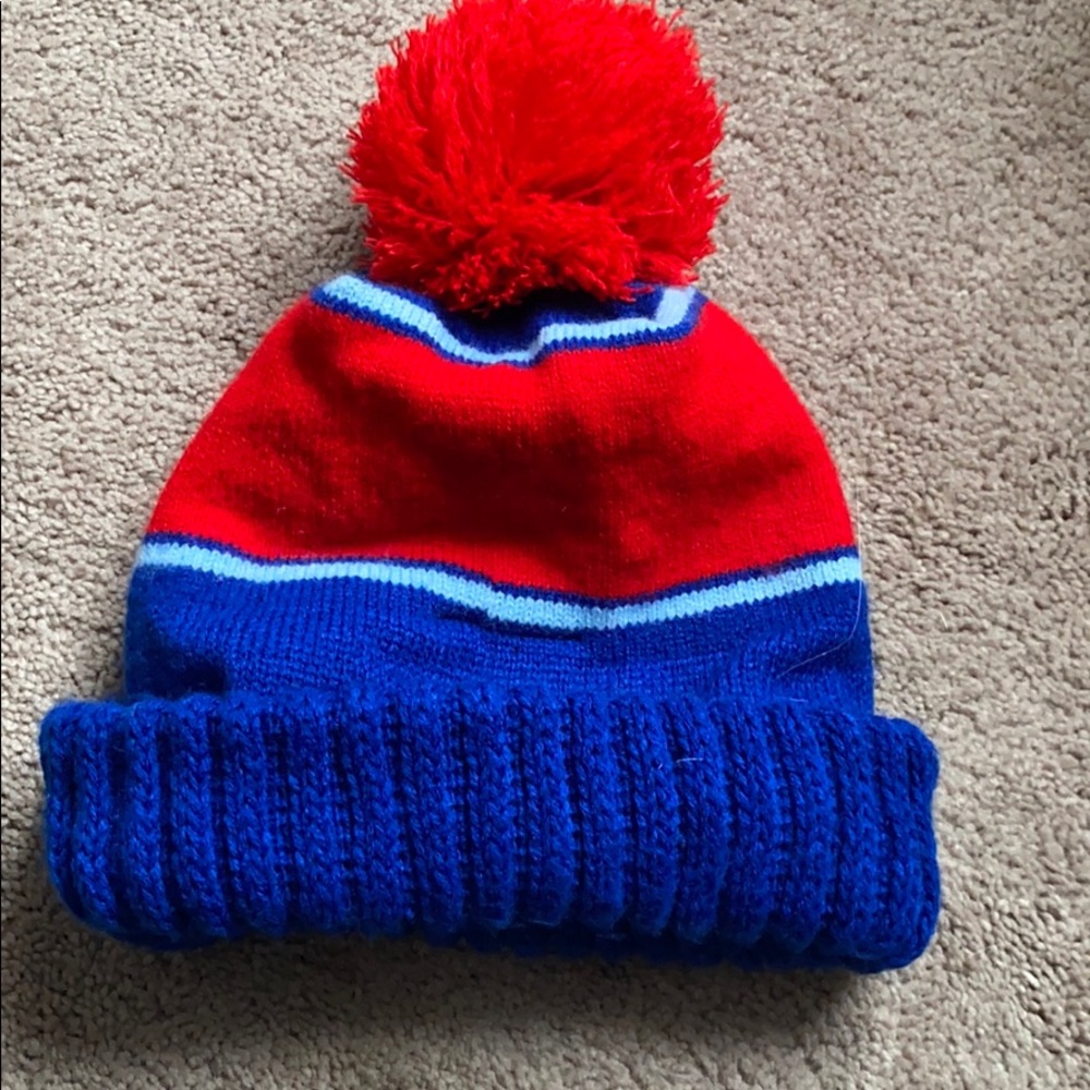 FREE CITY  Red & Blue Knit Pom Pom Beanie with Pink Accents ❤️💙🩷 - Picture 2 of 3